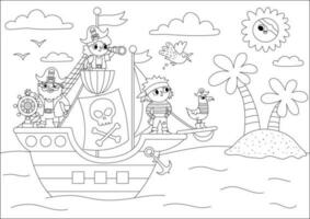 Vektor schwarz und Weiß Pirat Schiff Szene. Linie Raider Schiff mit Piraten Segeln zu das Schatz Insel mit Palme Bäume. Schatz jagen Illustration mit Meer, Sonne, Ufer. Meer Landschaft, Färbung Seite