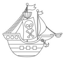 Vektor schwarz und Weiß Pirat Schiff Symbol. süß Meer Schiff Illustration. Linie Schatz Insel Jäger Boot mit Segel, Schädel und gekreuzt Knochen. komisch Pirat Party Element oder Färbung Seite zum Kinder