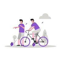 flache Vektorillustration von jemandem, der ein Fahrrad im Park mit einem Freund reitet vektor