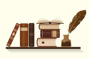 bokhylla med gamla eller historiska bruna böcker och bläckhorn med gåsfjäder vektor