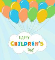 glücklich International Kinder Tag Gruß Karte. viele bunt Luftballons halt ein Wolke mit Text. Beschriftung durch Kreide und bunt Buntstifte im Weiß Wolke. Poster Vorlage. Vektor Illustration.