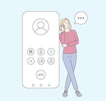 kommunikation och konversation med smartphone koncept. kvinna flicka talar telefon. kvinnor, tonåring som ringer via telefon. platt vektorillustration vektor