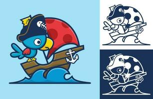 söt fågel bär pirat hatt på segelbåt. vektor tecknad serie illustration i platt ikon stil