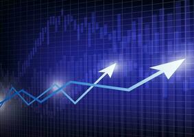 Geschäft Pfeil und Stock Graph auf Welt Karte Hintergrund. Diagramm von global Marketing Investition Trend Vektor Illustration. Blau Thema Konzept.