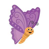 süß fliegend Schmetterling im eben Stil mit lila Flügel. Schmetterling Vektor Design.