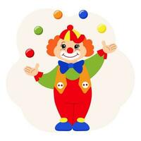 söt rolig tecknad serie clown jonglör med bollar. barns kort, skriva ut, färgrik illustration, vektor