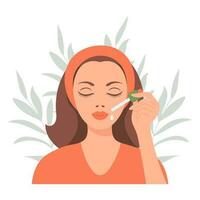 ansiktsbehandling hud vård. en kvinna tar vård av henne hud. kosmetisk masker, plåster, grädde, lotion, tvål, ansikte mousse. illustration, vektor