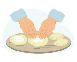 de arbete av en laga mat i de kök. illustration av händer med deg. händer forma pajer, dumplings. mat illustration, vektor. vektor