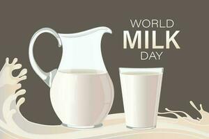 Poster zum Welt Milch Tag mit Krug und Glas von Milch auf braun Hintergrund. Banner, Vektor