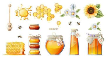 einstellen von Honig Produkte. Krug von Honig, Waben. Sonnenblume Blumen, Gänseblümchen. Bienen und Honig Löffel. geeignet zum Honig Geschäft, Aufkleber, Design. vektor