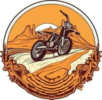 Motorrad im Vorderseite von ein Wüste Hand gezeichnet Illustration, Motorrad Hand gezeichnet Illustration Design, T-Shirt Design Illustration vektor