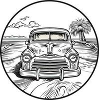 Auto im Vorderseite von ein Strand Hand gezeichnet Illustration, Auto Hand gezeichnet Illustration Design, Auto Hand gezeichnet Illustration zum T-Shirt Design vektor