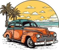 Auto im Vorderseite von ein Strand Hand gezeichnet Illustration, Auto Hand gezeichnet Illustration Design, Auto Hand gezeichnet Illustration zum T-Shirt Design vektor