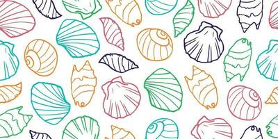 Meer Muscheln nahtlos Muster. Sommer- Strand Hand gezeichnet Strand Vektor drucken. kreativ Farbe Sommer- modern Textur zum Stoff, Verpackung, Textil, Hintergrund, Kleidung.