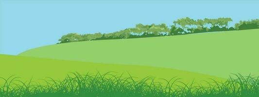 ländlich Hügel Landschaft Vektor Hintergrund auf Weiß. Weide Gras zum Kühe. Wiesen und Bäume. Horizont.