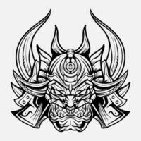 oni Monster- Maske Japanisch Helm Heer Samurai im Rahmen Gravur Ornament Illustration schwarz und Weiß tätowieren und T-Shirt bekleidung vektor