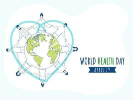 7 .. April, Welt Gesundheit Tag Konzept mit Gekritzel Stil Menschen schützen Erde Globus zusammen auf Weiß und Pastell- Blau Hintergrund. vektor