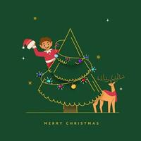 glad jul hälsning kort med glad pojke bär santa kostym, ren och kreativ xmas träd på grön bakgrund. vektor