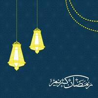 ramadan kareem kalligrafi i arabicum språk med lyktor hänga på blå mandala mönster bakgrund. vektor