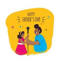 Lycklig fars dag begrepp, glad man med hans dotter innehav mikrofon pinne på orange och vit bakgrund. vektor