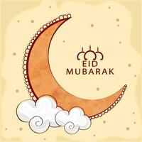 eid mubarak font med linje konst moské, moln och halvmåne måne på pastell brun bakgrund. vektor