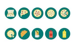 pizza platt ikoner, pizza pajer ikoner, ketchup och senap ikoner, vektor eps fil