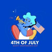 4:e av juli, Lycklig oberoende dag begrepp med tecknad serie pojke spelar trumpet och amerikan flagga på blå bakgrund. vektor