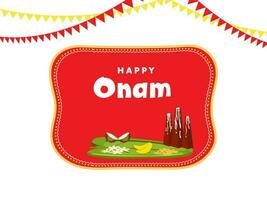 glücklich Onam Feier Konzept mit Thrikkakara appan Idol, Früchte, Blumen Über Banane Blätter, Ammer Flaggen auf rot und Weiß Hintergrund. vektor