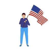 Illustration von heiter Junge halten amerikanisch Flagge im eben Stil. vektor