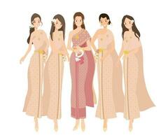 skön Lycklig brud och tärna i thai traditionell klänning klänning bröllop ceremoni vektor