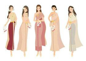 skön Lycklig kvinna brudar i thai traditionell klänning platt stil vektor