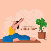 International Yoga Tag Poster Design mit gesichtslos jung Frau üben aswasanchal Pose und Pflanze Topf auf Pfirsich Hintergrund. vektor