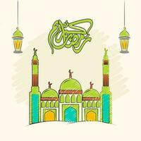 Grün Arabisch Kalligraphie von Ramadan kareem mit kritzeln Stil Moschee, hängend Laternen auf Beige Hintergrund. vektor