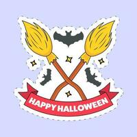 Aufkleber Stil glücklich Halloween Schriftart mit gekreuzt Besen und fliegend Fledermäuse auf Blau Hintergrund. vektor