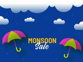 monsun försäljning affisch design med två paraply, vatten droppar och moln på blå bakgrund. vektor