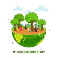 Welt Umgebung Tag Konzept Design mit Menschen Pflanzen und Reinigung, Tier auf Hälfte Erde Globus. vektor