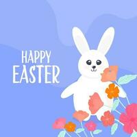Lycklig påsk affisch design med söt kanin karaktär och blommig dekorerad på blå bakgrund. vektor