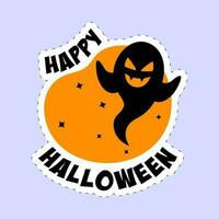 klistermärke stil Lycklig halloween font med rolig spöke på orange och blå bakgrund. vektor