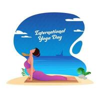 International Yoga Tag Poster Design mit jung Dame üben Bhujangasana Pose auf Weiß und Blau Strand Hintergrund. vektor