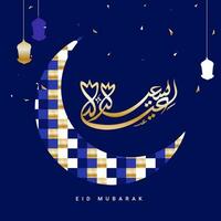 golden Arabisch Kalligraphie von eid Mubarak mit kariert Muster Halbmond Mond, hängend Laternen und Konfetti auf Blau Hintergrund. vektor