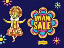 Onam Verkauf Poster Design mit heiter Kathakali Tänzer Charakter und Blumen auf Blau Hintergrund. vektor