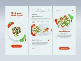 mat beställning mobil app ui som logga in, val maträtter och beskrivning mall layout mot grå bakgrund. vektor