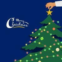 fröhlich Weihnachten Konzept mit Weihnachten Baum dekoriert durch ein Mensch Hand mit bunt Beleuchtung und golden Stern. vektor