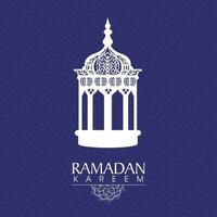 Ramadan kareem Feier Konzept mit Weiß Arabisch Laterne auf Blau Rhombus prüfen Muster Hintergrund. vektor