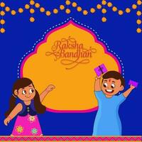 Raksha Bandhan Beschriftung mit Karikatur Kinder Charakter, Blume Girlande auf Orange und Blau Hintergrund. vektor