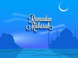 3d Weiß Ramadan Mubarak Schriftart mit Papier Stil Moschee und Halbmond Mond auf glänzend Blau Hintergrund. vektor