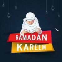 Ramadan kareem Feier Konzept mit arabisch Mann lesen religiös Buch und tasbih auf Blau Hintergrund. vektor