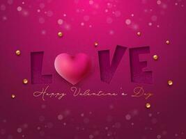 Papier Schnitt Liebe Schriftart mit glänzend Herz und golden Bälle dekoriert auf Rosa verwischen Bokeh Hintergrund zum glücklich Valentinstag Tag Konzept. vektor