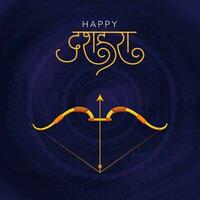 glücklich Dussehra Beschriftung mit Bogen, Pfeil Illustration auf Blau exquisit Mandala Hintergrund. vektor