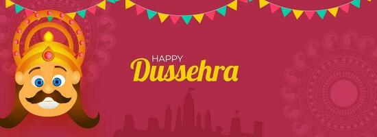 glücklich Dussehra Feier Banner oder Header Design mit Dämon König Ravana Gesicht und Ammer Flaggen auf Rosa Silhouette ayodhya Aussicht Hintergrund. vektor